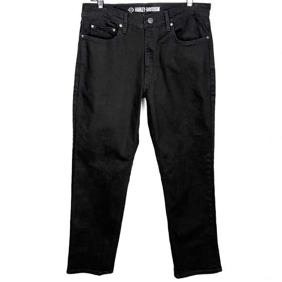 Harley-Davidson Straight Denim Jeans Cotton Stretch Leather Patch Zip Fly 30x30 - Picture 1 of 12